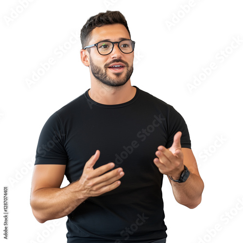 Man speaking confidently with expressive hand gestures