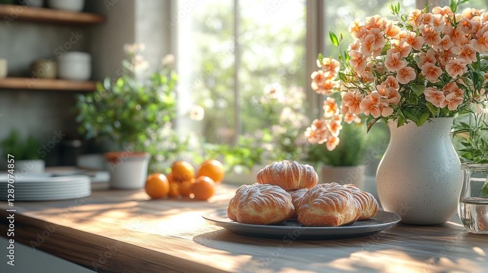 Fototapeta premium Sunny Kitchen Croissants and Flowers