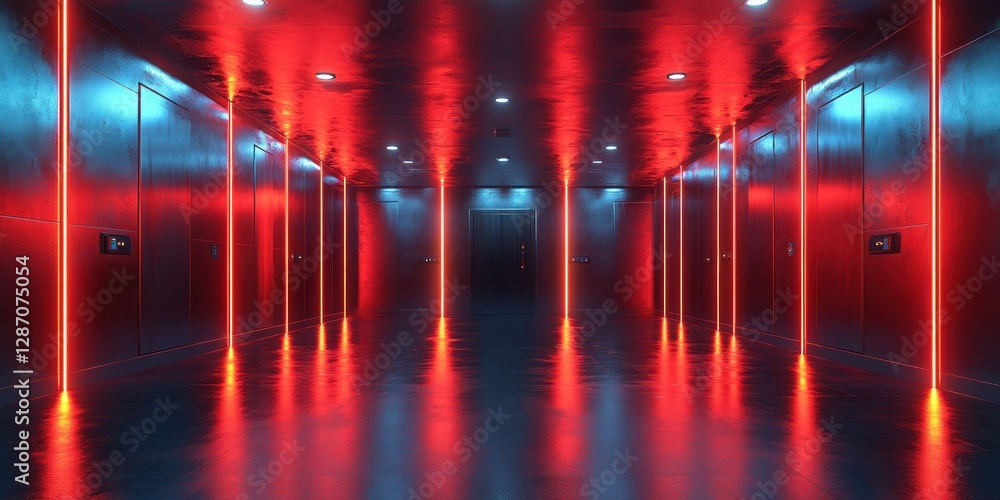 Naklejka premium Neon Red and Blue Corridor: Futuristic Cyberpunk Interior