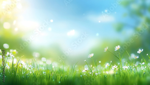 Fototapeta Naklejka Na Ścianę i Meble -  nature background with sunny spring meadow blur background blue sky to green grass 

