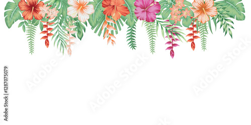 Tropical palm leaves, hibiscus,  exotic flower botanical border. Exotic jungle banner.