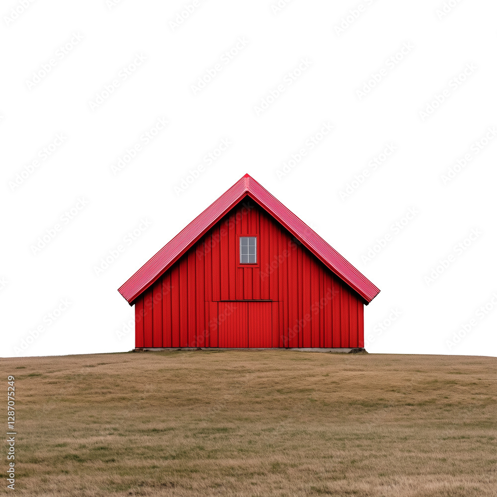 Obraz premium Vibrant red barn on a grassy field with transparent background