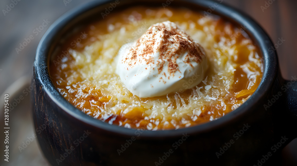 A pumpkin and caramelized onion soup with a dollop of sour cream. A pumpkin and caramelized onion soup with a dollop of sour cream.