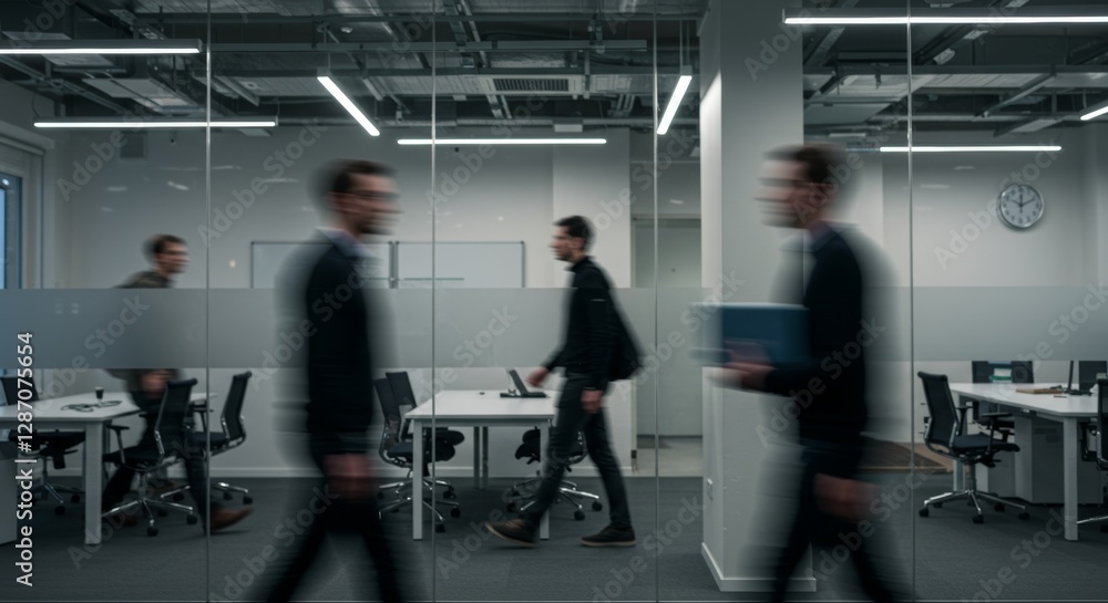 Fototapeta premium Dynamic Workplace, Blurred Motion and Reflections in a Modern Office Setting