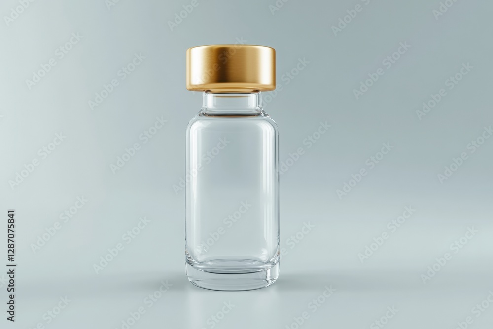 Clear glass bottle with a gold cap placed on a smooth surface in a well lit environment. Generative AI Clear glass bottle with a gold cap placed on a smooth surface in a well lit environment. Generative AI
