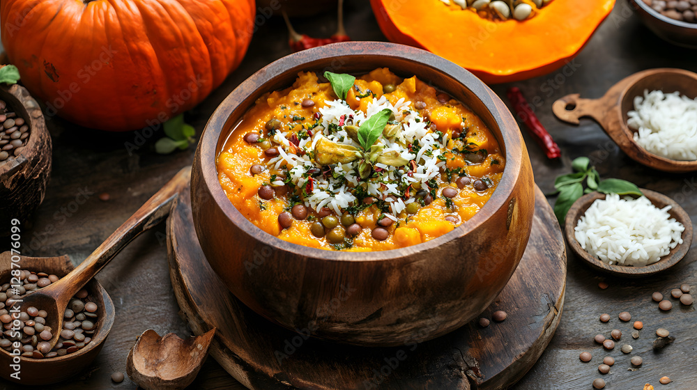 A pumpkin and lentil stew with curry spices, served with rice.