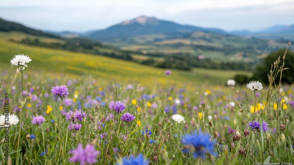Wildflower meadow, mountain backdrop, summer day, scenic landscape, nature photography Wildflower meadow, mountain backdrop, summer day, scenic landscape, nature photography