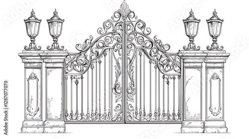 Hand-drawn line art an elegant iron gate with decorative elements, vector illustration isolated on a white background, detailed and intricate design.
