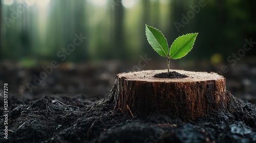 A tender sprout emerges from a tree stump, symbolizing resilience and the cycle of life, highlighting nature's ability to regenerate and thrive amidst adversity.