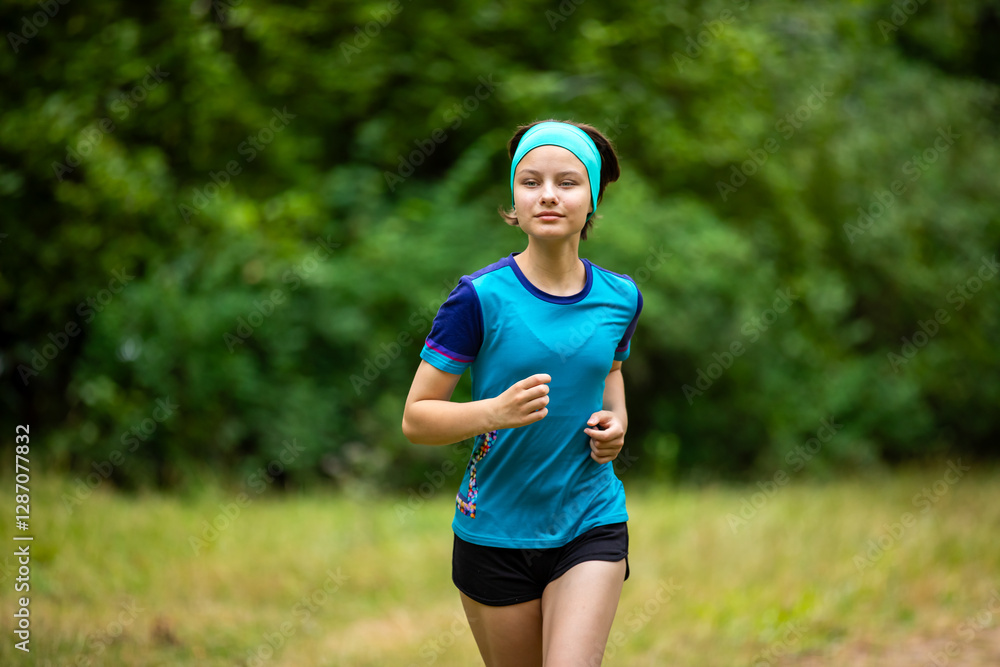 Beautiful teen girl in sports clothes doing sports outdoors in park in summer