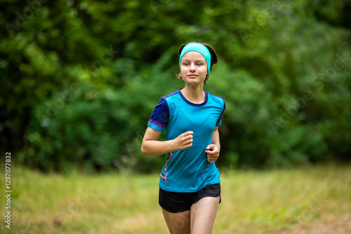 Obraz na płótnie Beautiful teen girl in sports clothes doing sports outdoors in park in summer w salonie