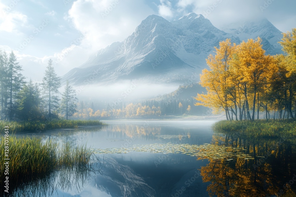 Majestic mountains reflected in a serene lake surrounded by autumn foliage and mist Majestic mountains reflected in a serene lake surrounded by autumn foliage and mist