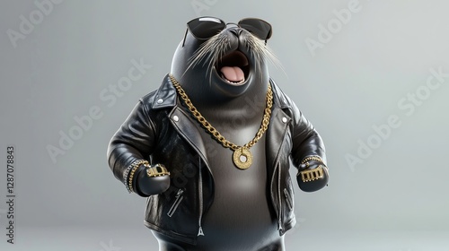 Cool cat in leather jacket singing photo