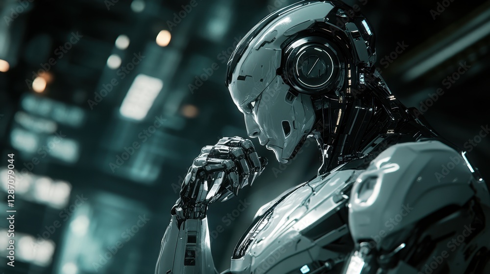 Thoughtful humanoid robot in futuristic setting