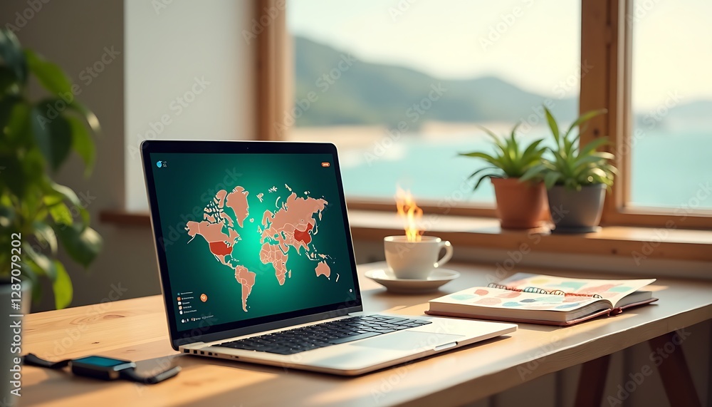 Fototapeta premium Journaux d’un Bureau à Distance : Un Monde de Collaboration pour les Travailleurs Numériques