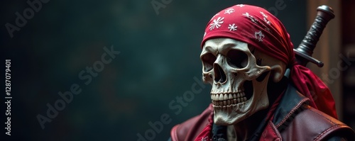 Pirate skull with bandana wrapped around head and crossed swords at side, skull tattoo, skull pirate costume, swashbuckling pirate