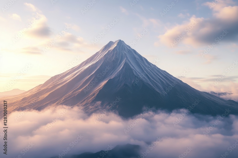 Majestic snowy mountain peak rising above clouds at dawn under soft pastel sky Majestic snowy mountain peak rising above clouds at dawn under soft pastel sky
