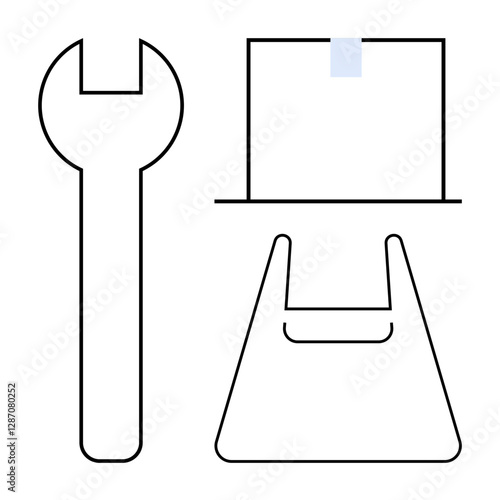 Wrench, box with tape, and shopping bag outline. Ideal for service industry, logistics, repair, ecommerce, retail shipping and trade. Minimalistic black and white design abstract line flat