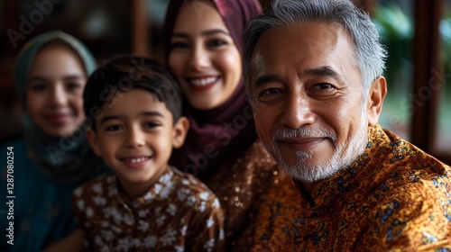 Muslim Family Portrait Celebrating Eid Mubarak at Home Smiling Together