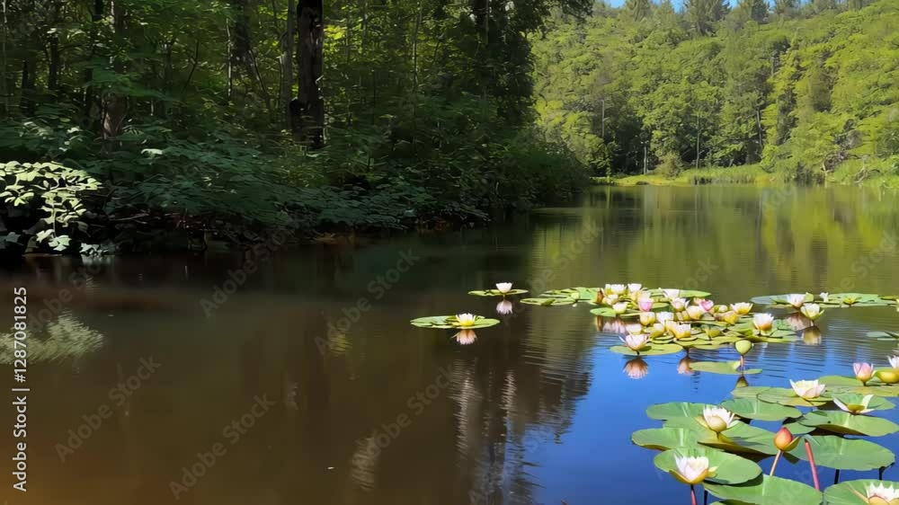 Calm reflections on water surface highlight vibrant water lilies amid dense woodland. Bright sunlight filters through trees, creating peaceful atmosphere in serene environment Calm reflections on water surface highlight vibrant water lilies amid dense woodland. Bright sunlight filters through trees, creating peaceful atmosphere in serene environment