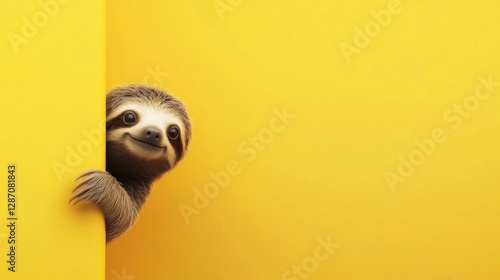 Cute sloth peeking from yellow wall, copy space