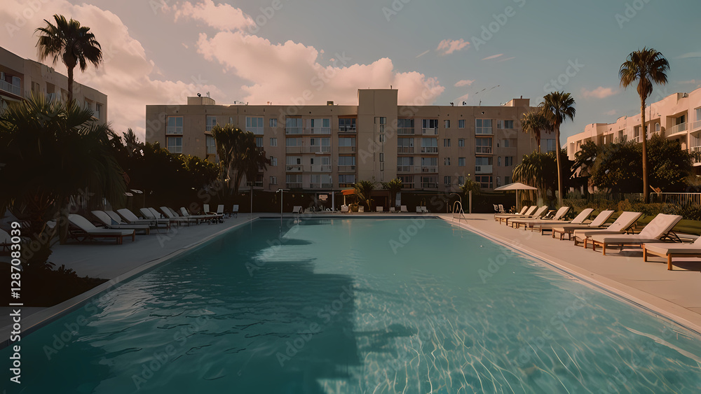 Fototapeta premium Simple Flat Hotel with Pool and Bright Sun