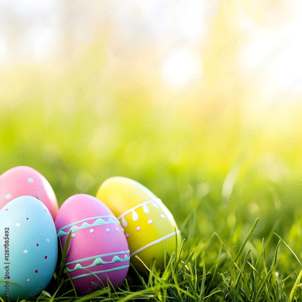 Fototapeta premium Easter eggs in grass. Easter abstract background with blurred background and copy space.