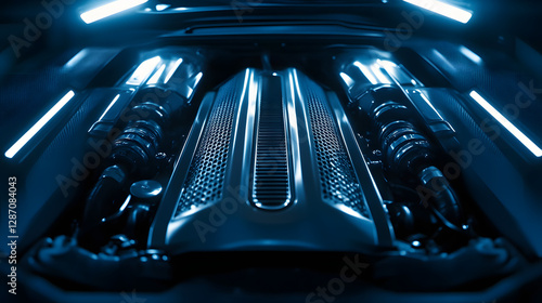 A supercharged engine bay with polished metal components gleaming under the lights. photo