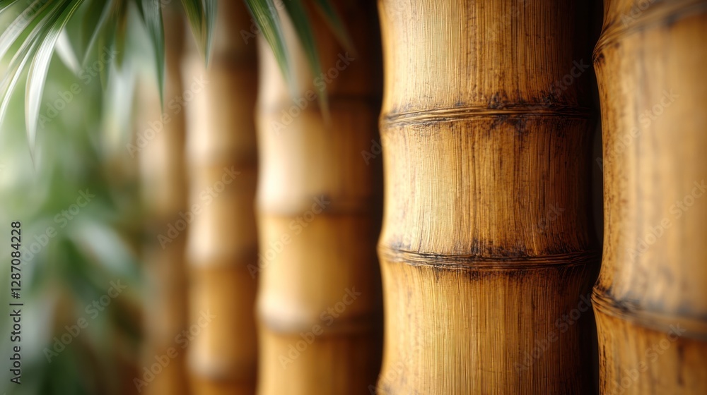 Close-up of Golden Brown Bamboo Stalks with Blurred Green Foliage Close-up of Golden Brown Bamboo Stalks with Blurred Green Foliage