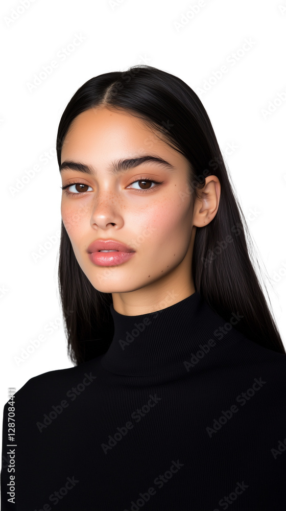 Serious woman in black turtleneck posing on a transparent background Serious woman in black turtleneck posing on a transparent background