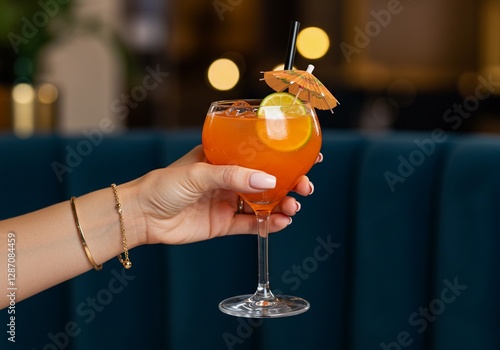 Female holding a cocktail in a restaurant