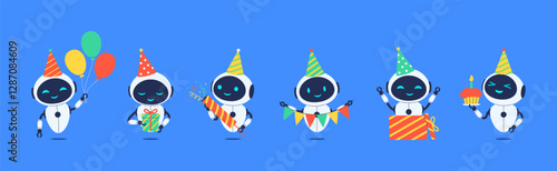 Set of smiling robots celebrating birthday with party elements. Vector illustration for AI, celebration or tech themed designs