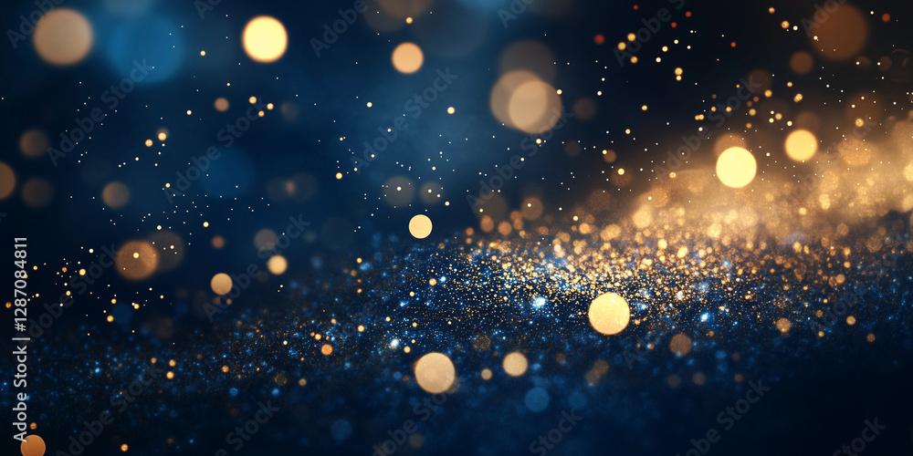 An abstract background featuring dark blue and golden particles. Christmas golden light shines, creating a bokeh effect on the navy blue background. Gold foil texture is also present An abstract background featuring dark blue and golden particles. Christmas golden light shines, creating a bokeh effect on the navy blue background. Gold foil texture is also present