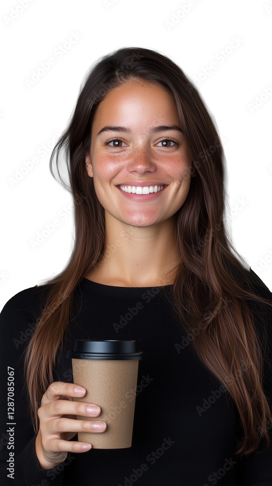 Smiling woman holding coffee cup on a transparent background Smiling woman holding coffee cup on a transparent background