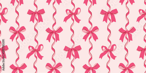 Red Bows Seamless Vector Pattern with Ribbon in Vertical Shape