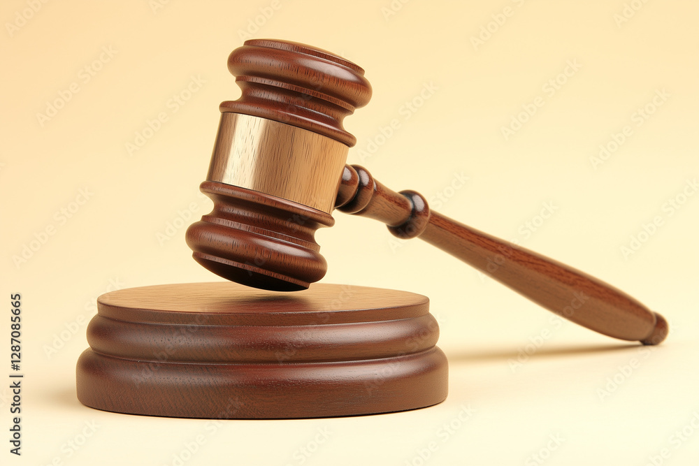 Classic wooden judge's gavel on a sound block, isolated solid color background Classic wooden judge's gavel on a sound block, isolated solid color background