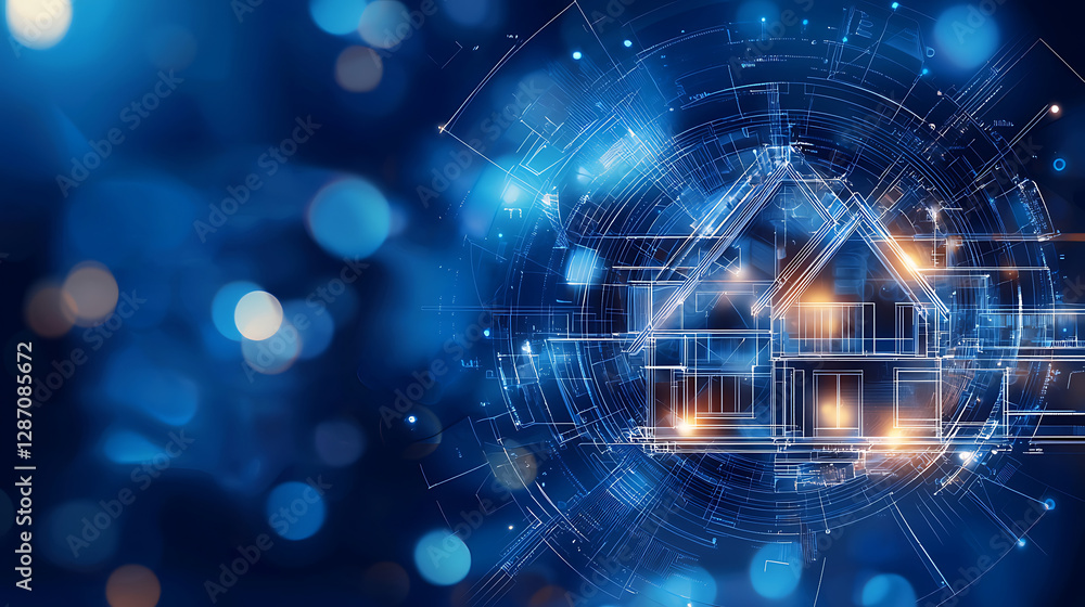 Fototapeta premium Digital blueprint of house with glowing elements and abstract background