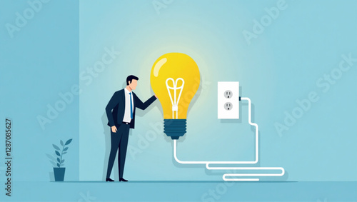 Businessman Connecting Light Bulb to Power Outlet Representing New Project Development and Investment