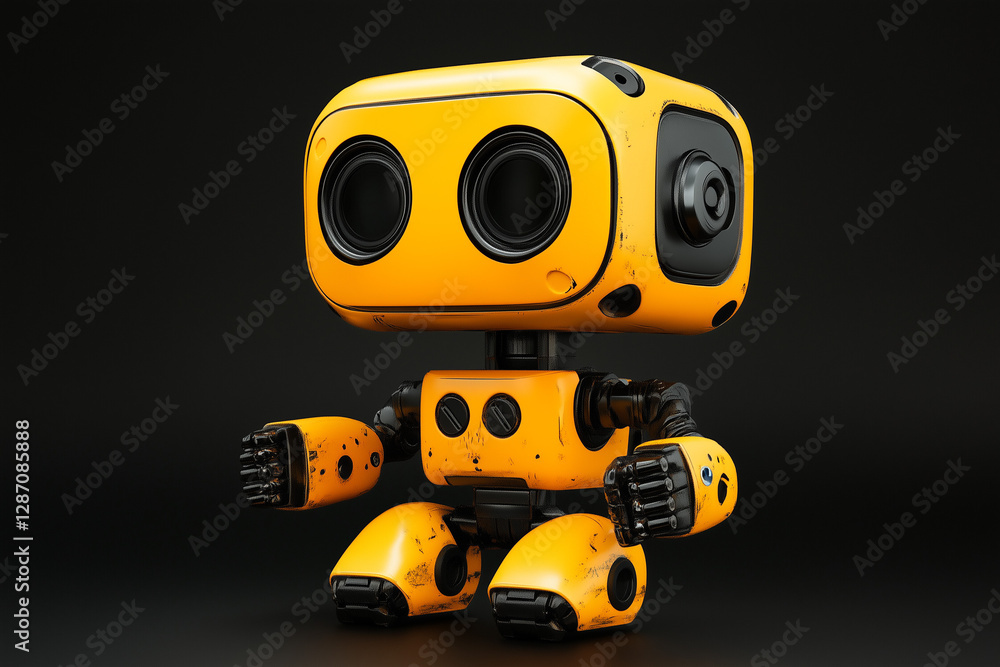 Cute mini AI robot, isolated on a black background Cute mini AI robot, isolated on a black background