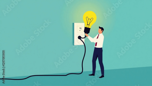 Businessman Connecting Light Bulb to Power Outlet Representing New Project Development and Investment