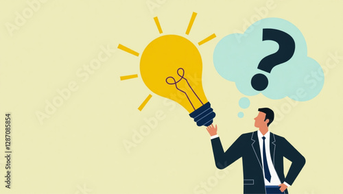 Businessman Connecting Question Mark to Lightbulb, Symbolizing Problem-Solving Skills and Innovative Solutions