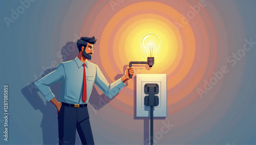 Businessman Connecting Light Bulb to Power Outlet Representing New Project Development and Investment