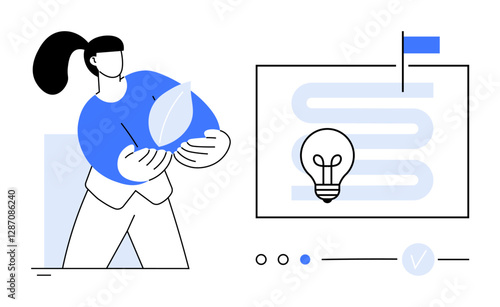 Female character holds leaf near flowchart with lightbulb and flag. Ideal for sustainability, innovation, environmental awareness, green energy projects, eco-friendly practices, process optimization