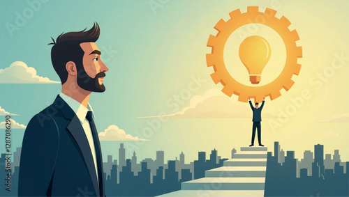 Businessman contemplating future career path, planning professional development and success trajectory