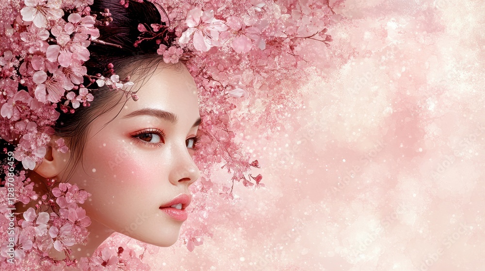 A portrait of a woman blending seamlessly into an array of cherry blossoms with a soft pink and white background, exuding beauty and tranquility. A portrait of a woman blending seamlessly into an array of cherry blossoms with a soft pink and white background, exuding beauty and tranquility.