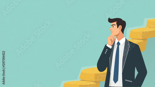 Businessman contemplating future career path, planning professional development and success trajectory