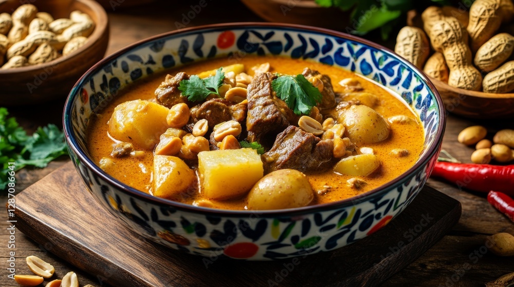 A colorful image of Massaman Curry with beef, potatoes, and peanuts arranged on a wooden table A colorful image of Massaman Curry with beef, potatoes, and peanuts arranged on a wooden table