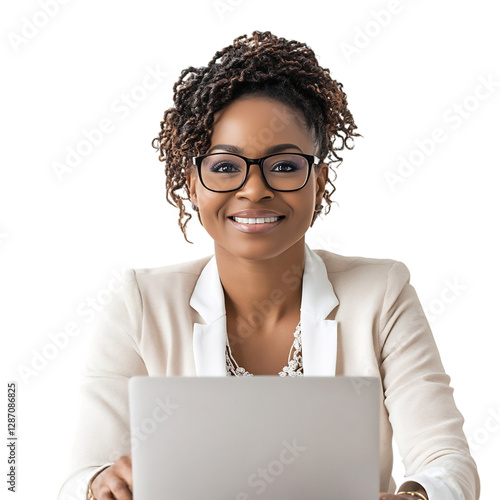A Woman Sharing Knowledge with Laptop Isolated on Transparent Background