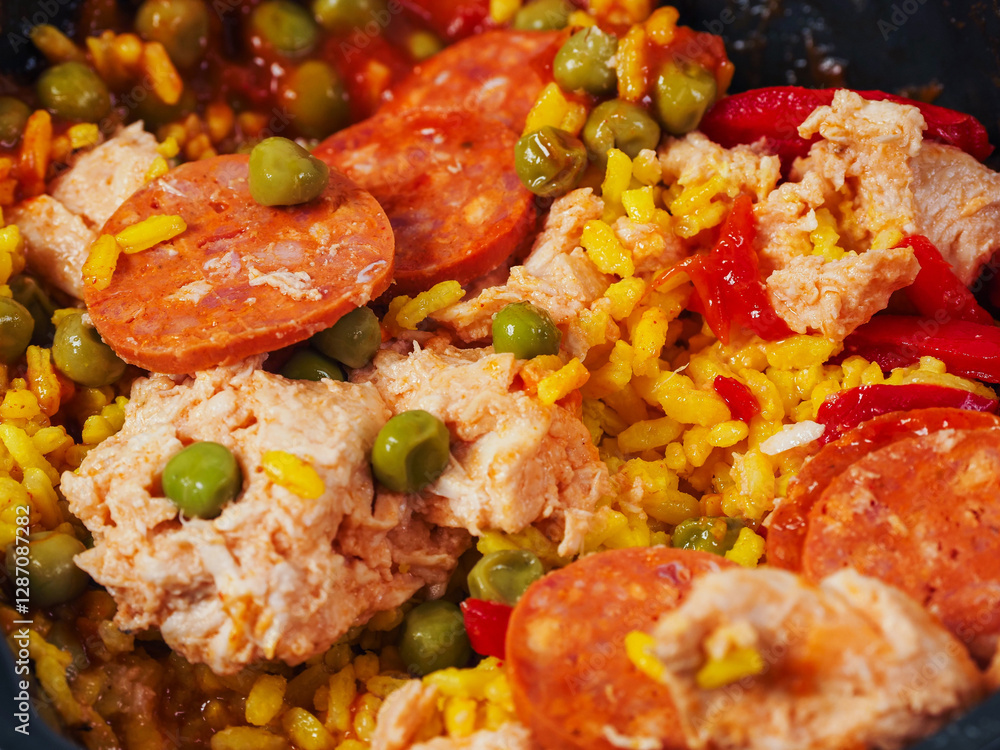 Spanish paella dish with spicy chorizo sausages. Close up. Popular traditional food made of fine rice and other ingredients. Spanish paella dish with spicy chorizo sausages. Close up. Popular traditional food made of fine rice and other ingredients.