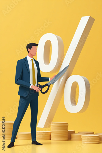 Businessman Cutting Percentage Mark to Curb Inflation and High Interest Rates